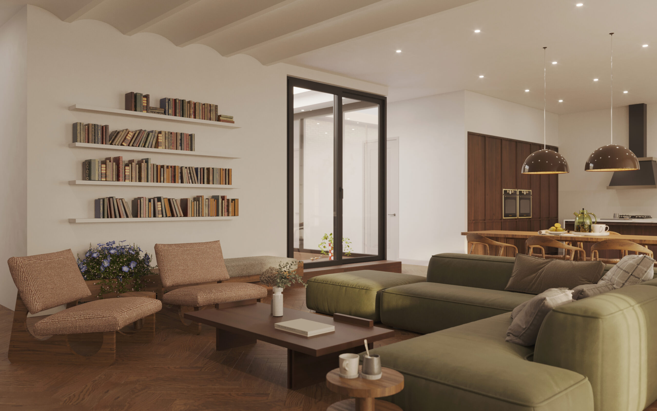living room interior design in light colours, shelves, sofas and books