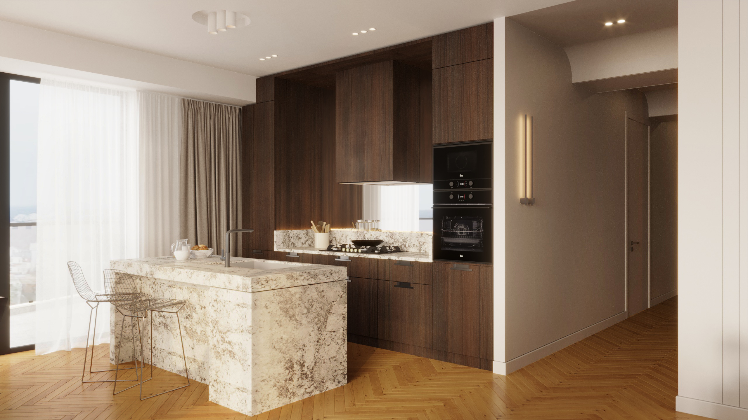Kitchen interior design with marble tiles