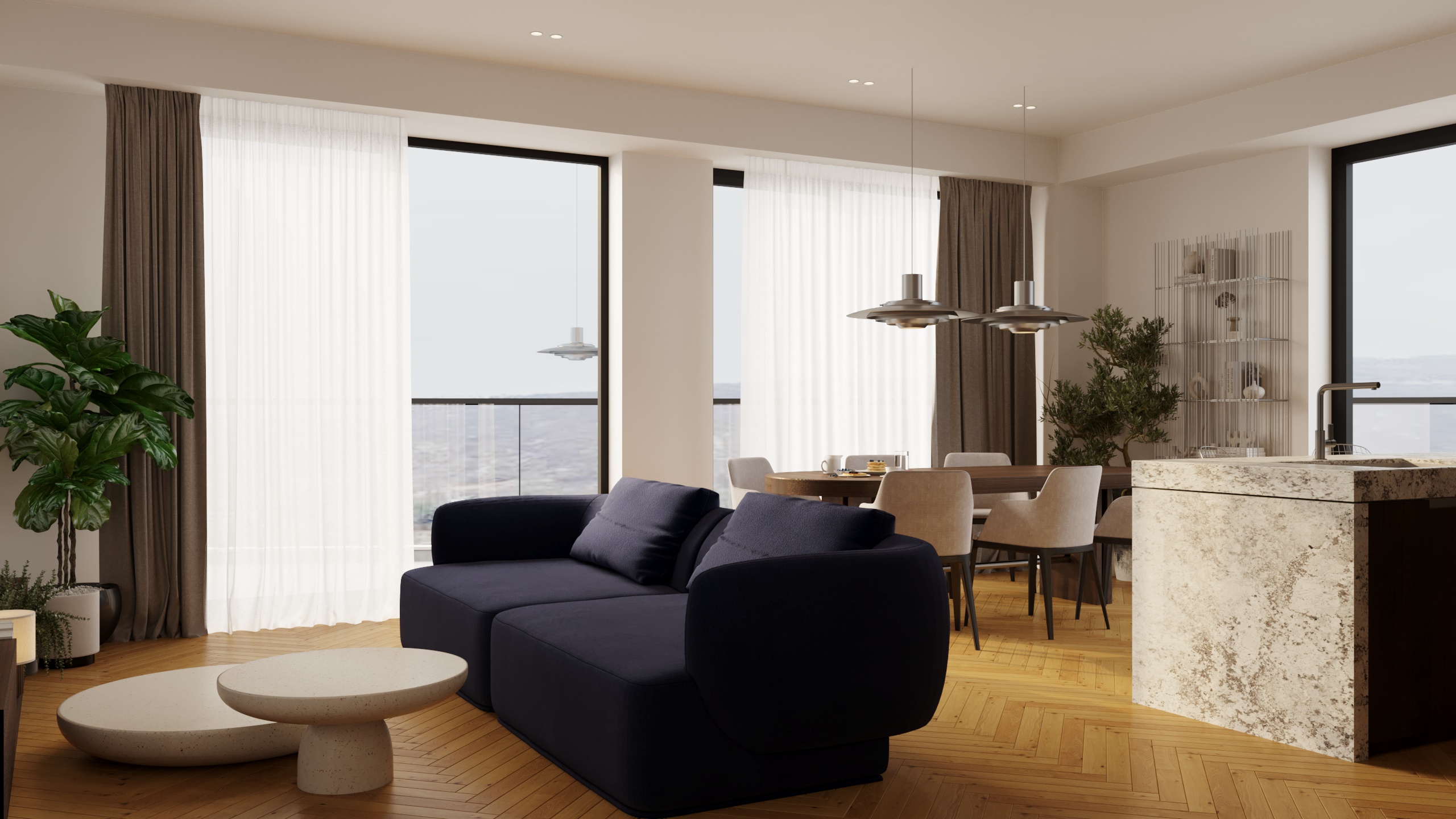 Living room interior design with blue sofa